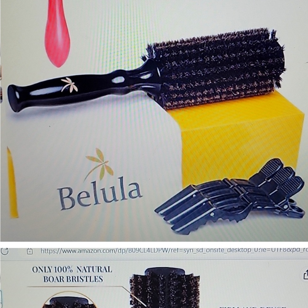 Belula 100% soft boar bristle round brush Large 2.4" wooden barrel 3 clips New
